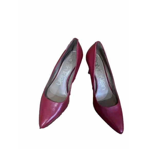 Calvin Klein Red Shoes Size 9.5 Pointed Toe Leather  Pumps With Small Heel - Picture 2 of 7